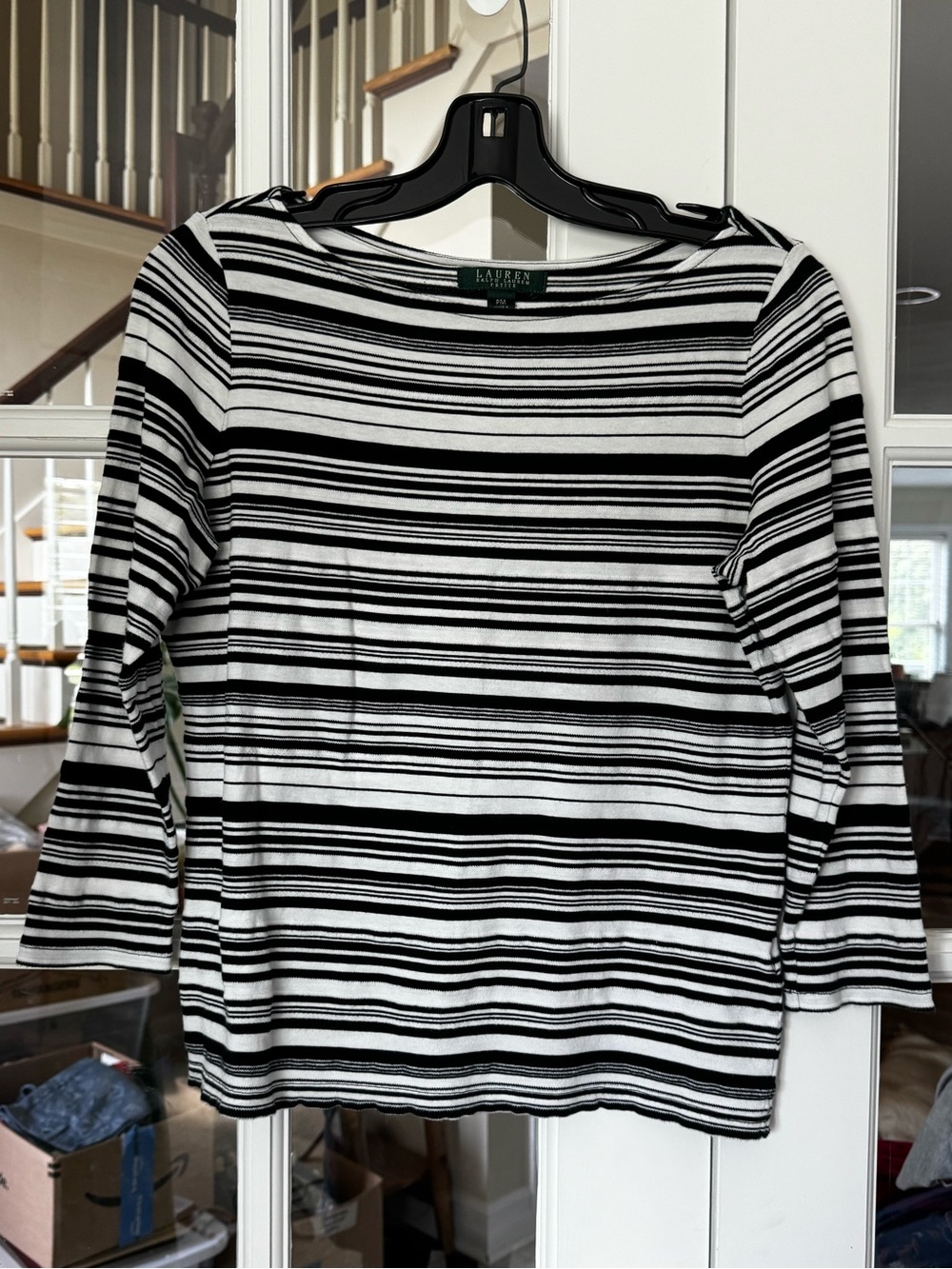 Lauren Ralph Lauren Ribbed Breton Stripe Knit Top M Black White Classic Nautical